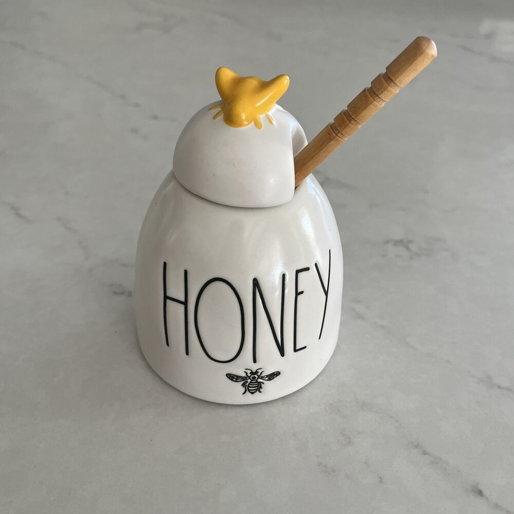 Rae Dunn Ceramic HONEY Pot/ Jar With Wooden Honey Dipper & Yellow Bee Lid